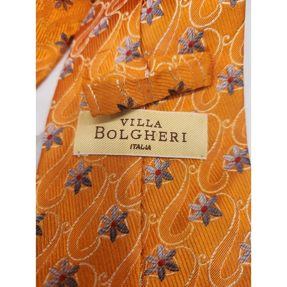 Villa Bolghert Men's 100% Silk Necktie‎ ITALY Designer Orange Swirl Blue Florals